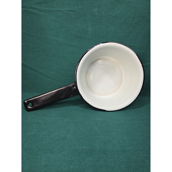 Vintage Enamelware White & Black Enamel 6" Pots Set of 3 with 1 Lid Sauce Soup - Picture 4 of 12